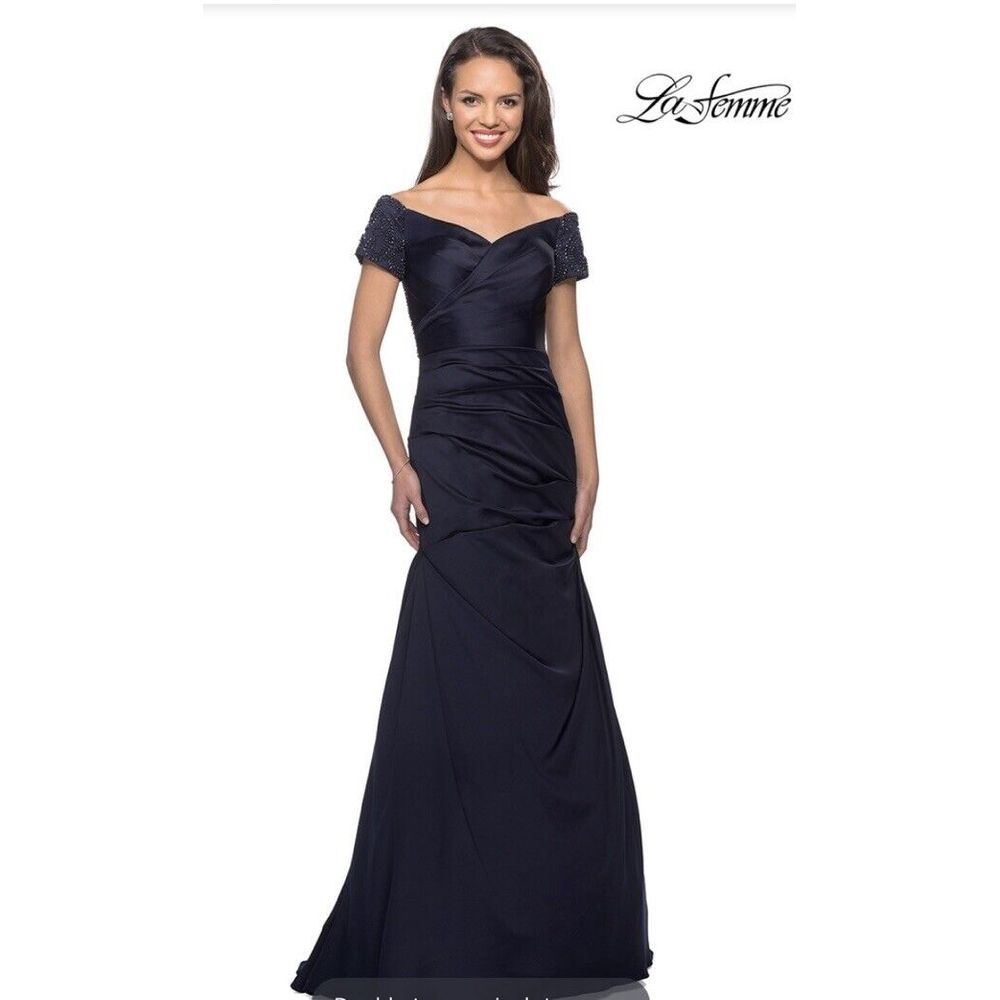 La Femme Size 12‎ Off the Shoulder Beaded Satin Trumpet Gown 25996 Blue Elegant
